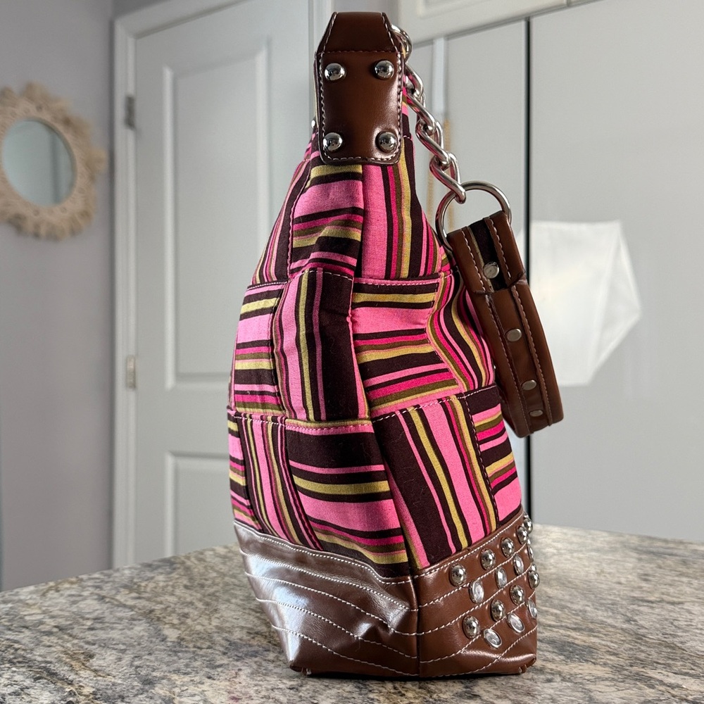 Pink Striped Vegan Leather Studded Bag Rhinestone Glam |Statement Purse Like New - Picture 5 of 17